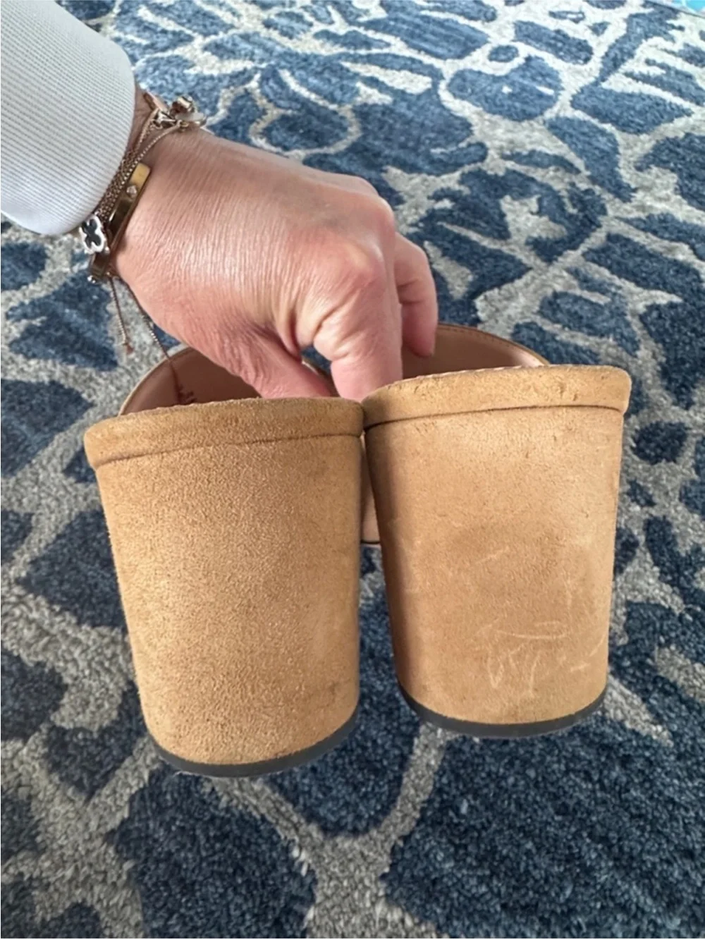 J Crew Ashen Suede Leather Slip on Mules Sz 8 Tan Brown J8226 High Block Heel